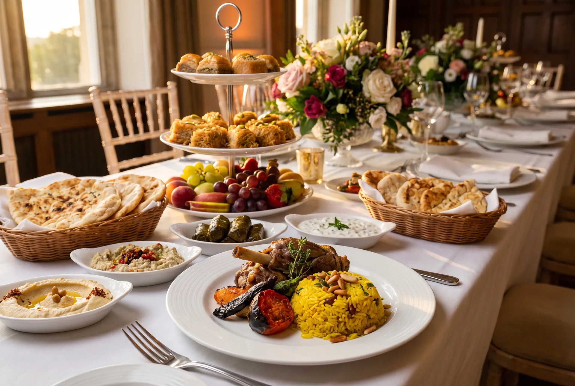 Meze, kuzu tandır, pilav ve baklava ile düğün menüsü