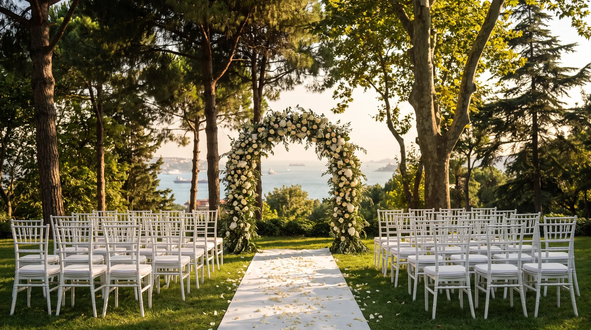 Ağaçların altında çiçekli nikah takı ve beyaz sandalyeler